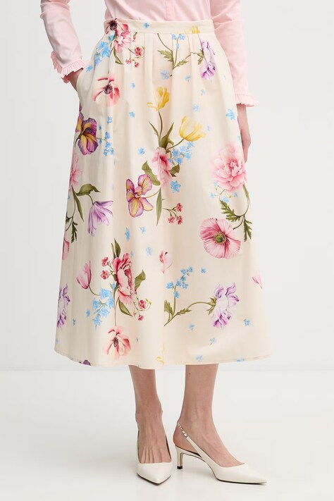 OUI spódnica bawełniana kolor beżowy midi rozkloszowana 97098