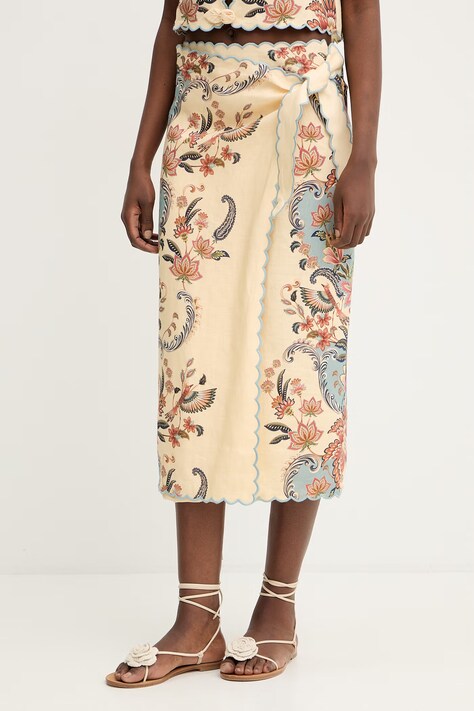 Farm Rio spódnica lniana kolor beżowy midi prosta 348847