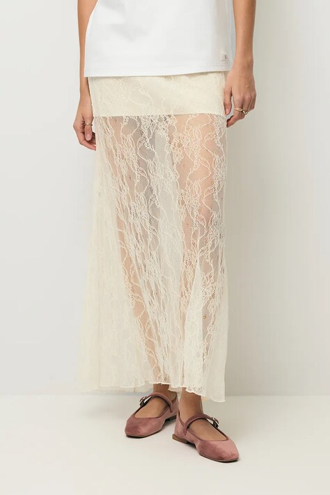 BIZUU spódnica FLACE beżowa z koronkowymi wstawkami kremowa