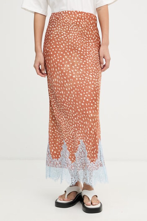 Never Fully Dressed spódnica z wiskozy brązowa z koronkowymi wstawkami NFDSK868