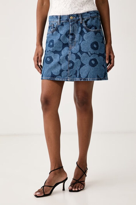 Marimekko Spódnica jeansowa niebieska w kwiaty 095423