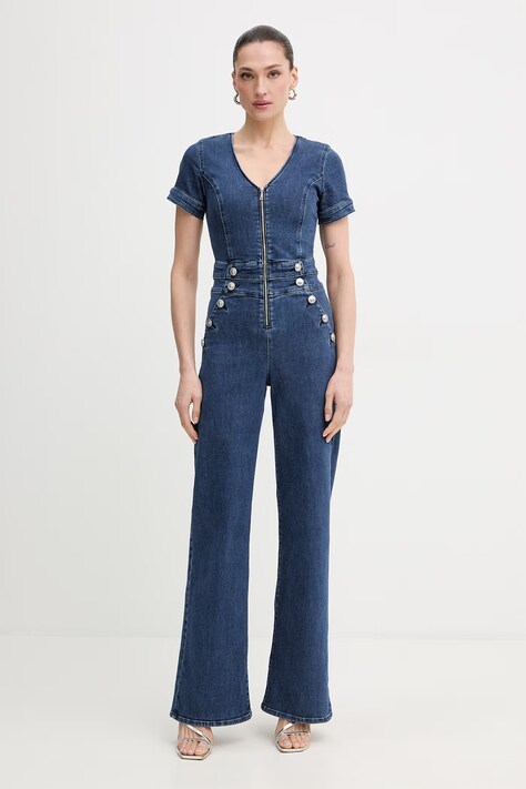 Guess kombinezon jeansowy ALINA kolor granatowy z dekoltem w szpic W6RD94 D0911