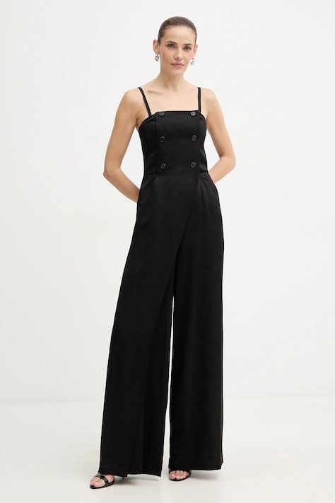 Karl Lagerfeld kombinezon z dodatkiem lnu TAILORED JUMPSUIT kolor czarny z dekoltem karo B1W13010