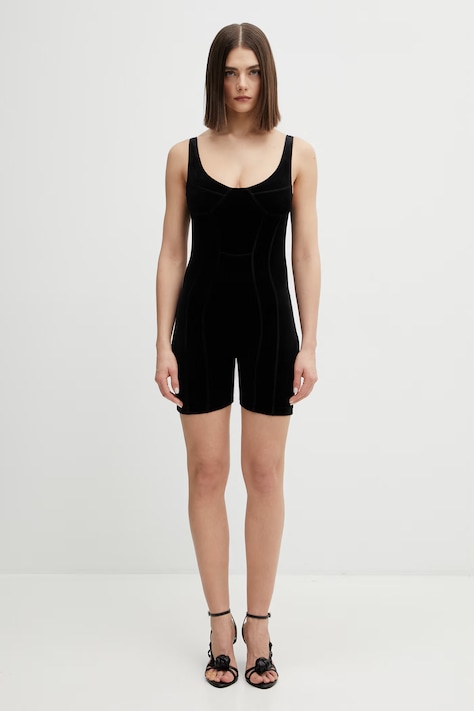 VETEMENTS kombinezon welurowy Push-up Romper kolor czarny z dekoltem okrągłym WE76BD411B