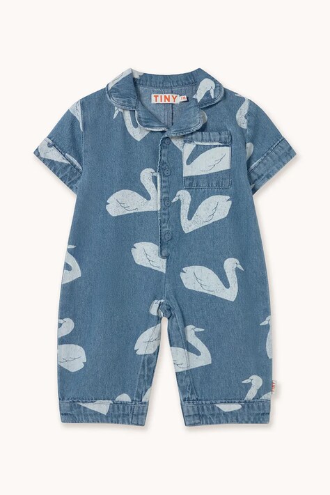 Tinycottons kombinezon jeansowy niemowlęcy BIG SWANS BABY ONE-PIECE kolor niebieski bawełniany SS26-326