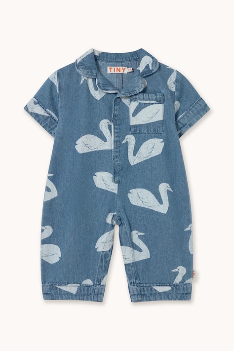 Tinycottons kombinezon jeansowy niemowlęcy BIG SWANS BABY ONE-PIECE kolor niebieski bawełniany SS26-326