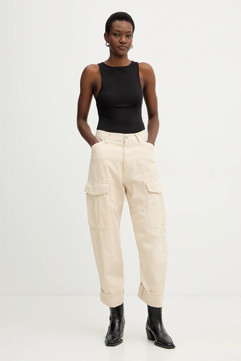 G-Star spodnie bawełniane Cargo 3D boyfriend damskie kolor beżowy proste high waist D27022-E078