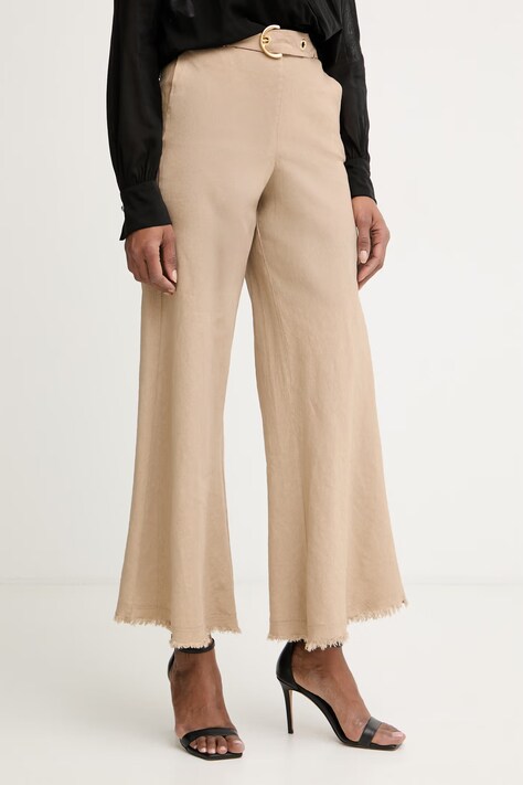 Pinko spodnie flare damskie z lnem beżowe high waist 106548 A34G