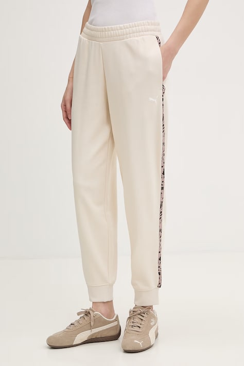 Puma spodnie dresowe damskie z bawełną Essential graphic animal beżowe high waist 692464