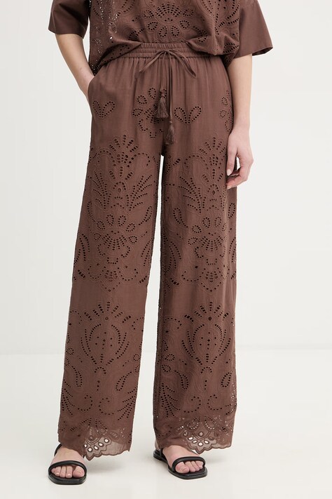 Ermanno Firenze spodnie bawełniane damskie kolor brązowy proste high waist D48EP050EN0