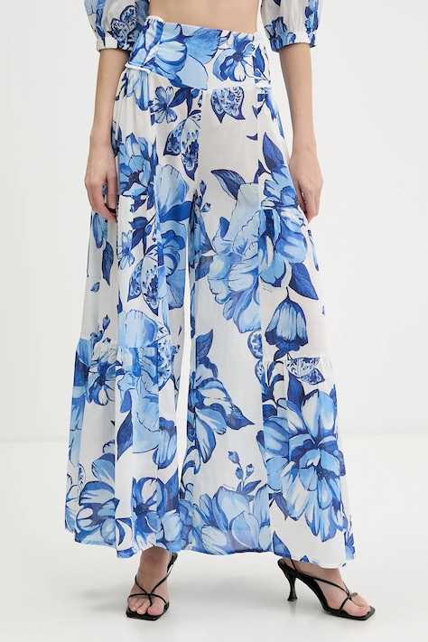 Farm Rio spodnie bawełniane damskie kolor niebieski szerokie high waist 344715