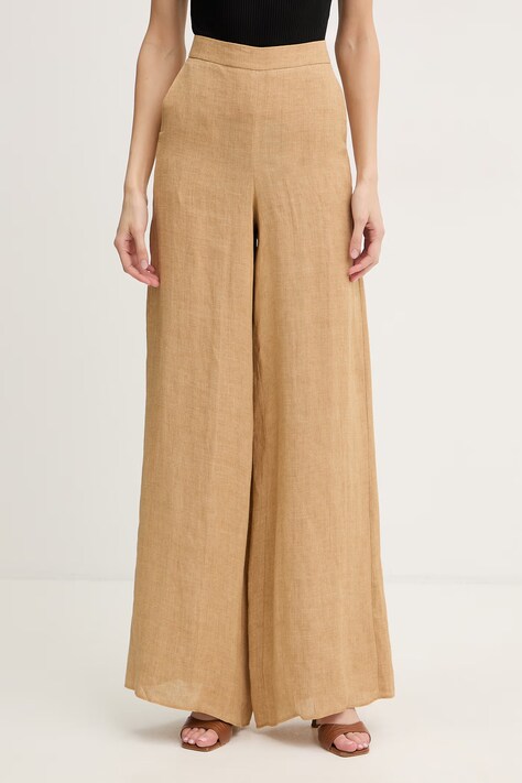 Marella spodnie lniane OTTELIA damskie kolor beżowy szerokie high waist 2613131062200