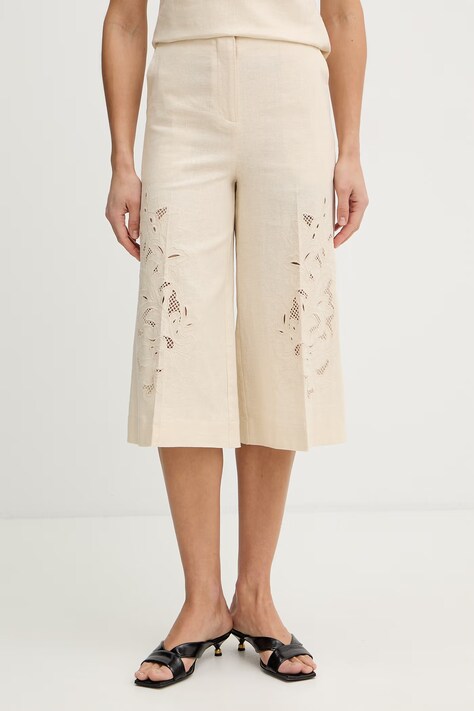 Hlače s dodatkom lana Twinset boja: bež, culottes kroj, visoki struk, 261TP2313