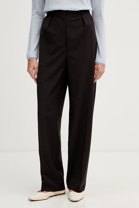 Lacoste spodnie garniturowe damskie z dodatkiem wełny brązowe high waist HF0245