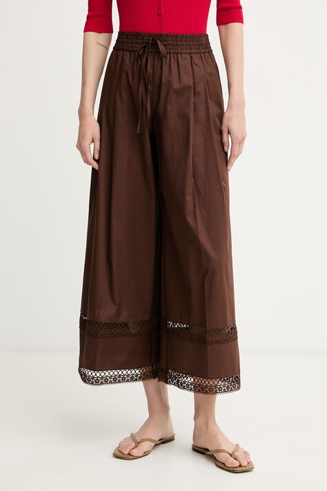 Twinset spodnie damskie z bawełną brązowe high waist 261TT2252