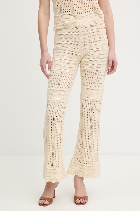 Twinset spodnie bawełniane damskie kolor beżowy dzwony high waist 261TT3262