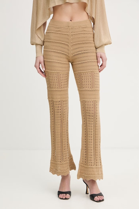 Twinset spodnie bawełniane damskie kolor beżowy dzwony high waist 261TT3262