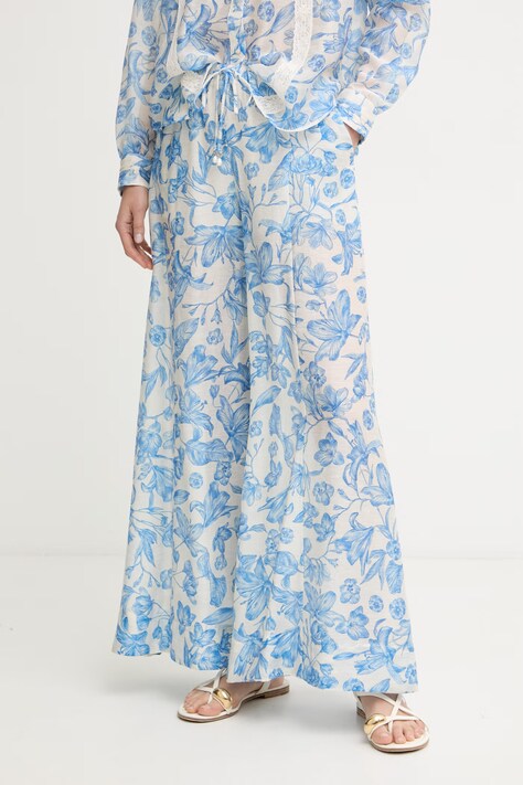 Twinset nohavice palazzo dámske s ľanom modré high waist 261LM2SBB