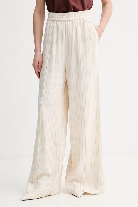 Gestuz spodnie damskie z dodatkiem lnu beżowe high waist 10911047