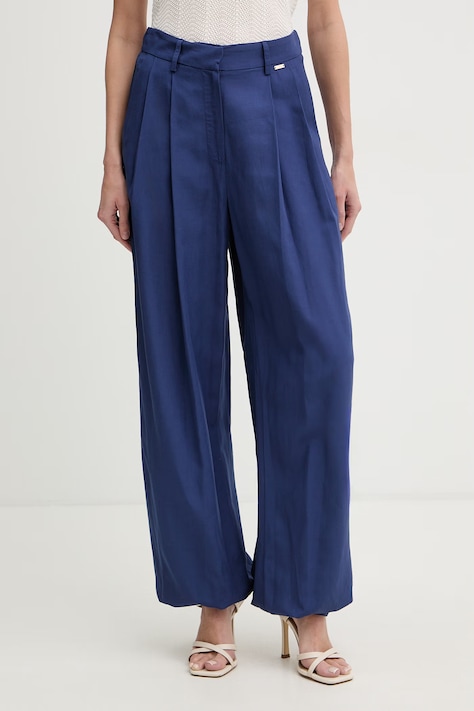 Fracomina spodnie palazzo damskie z dodatkiem lnu granatowe high waist FS26SV3009W62201