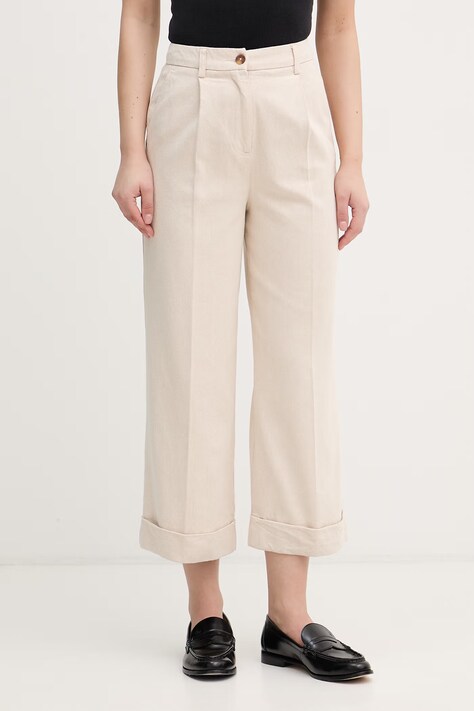 United Colors of Benetton Παντελόνια γυναικεία βαμβακερά μπεζ ψηλά 4WNXDF0BC