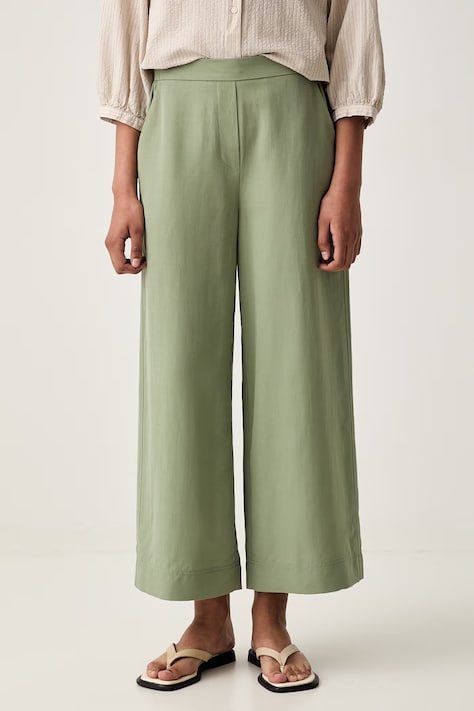 Marc O'Polo spodnie wide leg damskie z lnem zielone high waist 5000013087