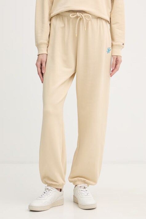 Tommy Hilfiger spodnie dresowe damskie z bawełną beżowe high waist WW0WW49706