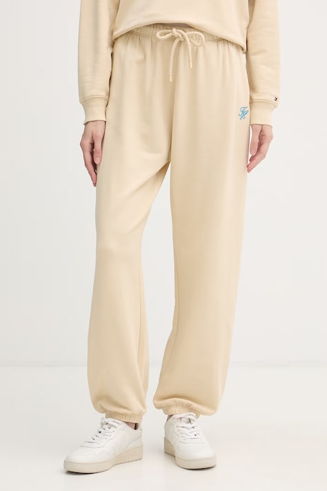 Tommy Hilfiger spodnie dresowe damskie z bawełną beżowe high waist WW0WW49706