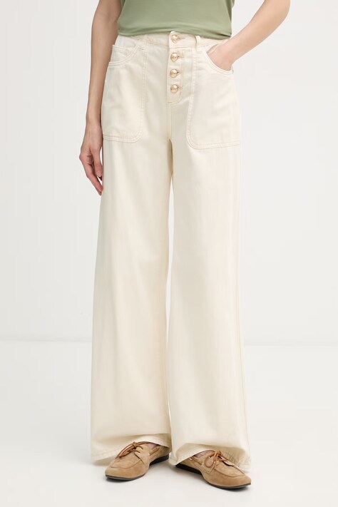 Gaudi spodnie wide leg damskie bawełniane beżowe high waist 611BD25013