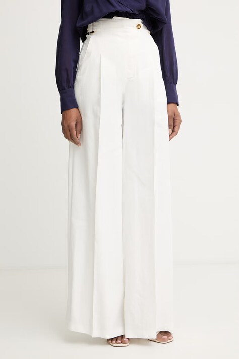 Elisabetta Franchi Spodnie damskie z lnem beżowe high waist PA12762E2