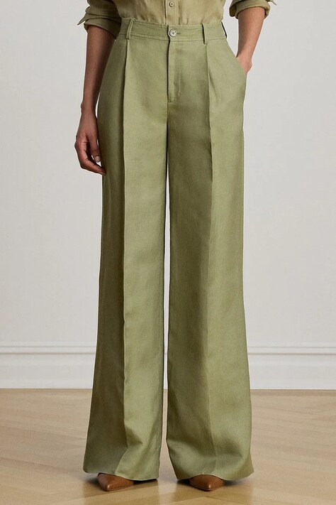 Lauren Ralph Lauren spodnie palazzo damskie z lnem zielone high waist 200P13458