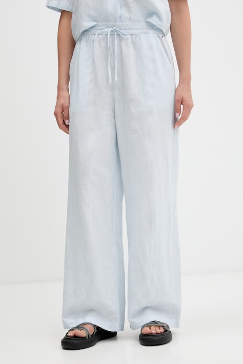 Tommy Jeans spodnie damskie z lnem niebieskie high waist DW0DW22285