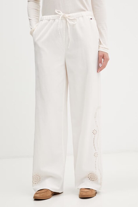 Tommy Jeans spodnie wide leg damskie z dodatkiem lnu beżowe high waist DW0DW22287