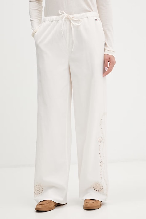 Tommy Jeans spodnie wide leg damskie z dodatkiem lnu beżowe high waist DW0DW22287