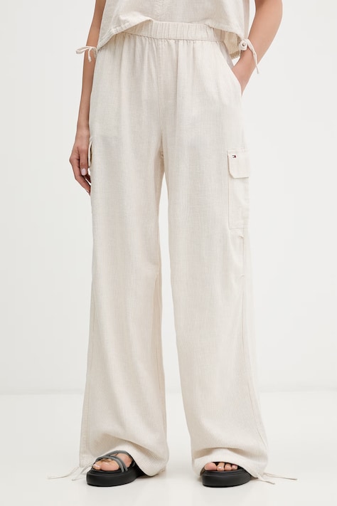Tommy Jeans spodnie damskie z lnem beżowe high waist DW0DW22290