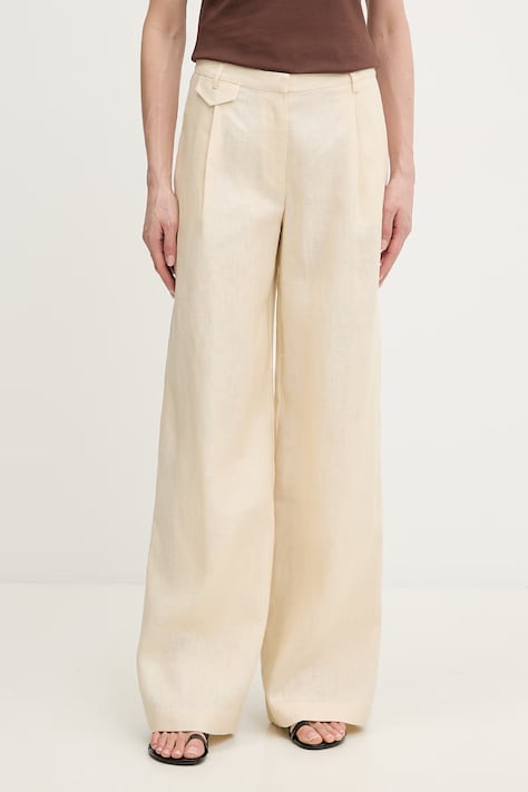 Bardot spodnie lniane damskie kolor beżowy szerokie high waist 60311PB