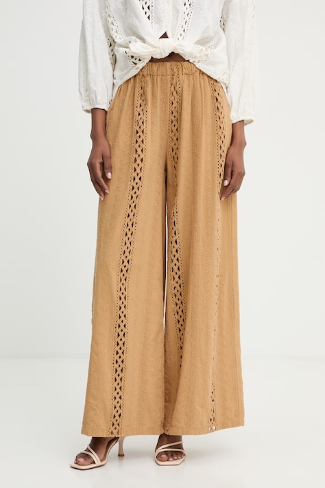 Haveone spodnie wide leg damskie bawełniane beżowe high waist PNO-Q254