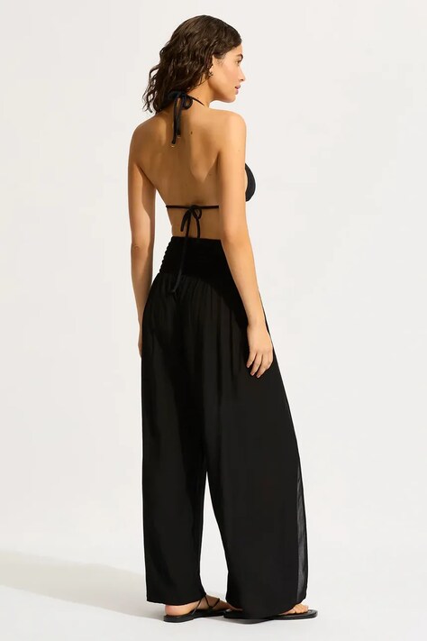 Seafolly kalhoty dámské z viskózy Shirred Waist Wrap černé high waist 55436-PA