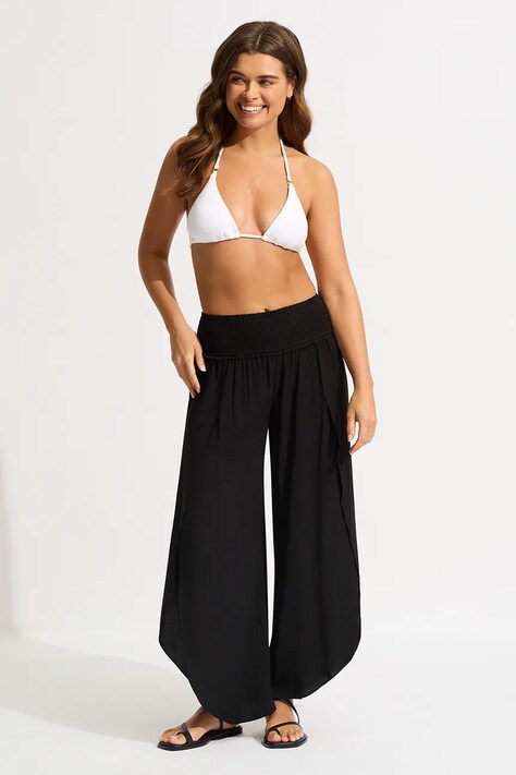 Seafolly φαρδύ παντελόνι γυναικείο από βισκόζη Shirred Waist Wrap μαύρο 53341-PA