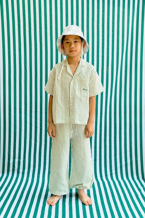Tinycottons spodnie z dodatkiem lnu dziecięce EMERALD STRIPES PANT kolor biały wzorzyste SS26-244