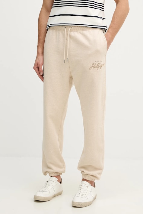 Tommy Hilfiger pantaloni de trening din bumbac culoarea bej, uni, MW0MW42537