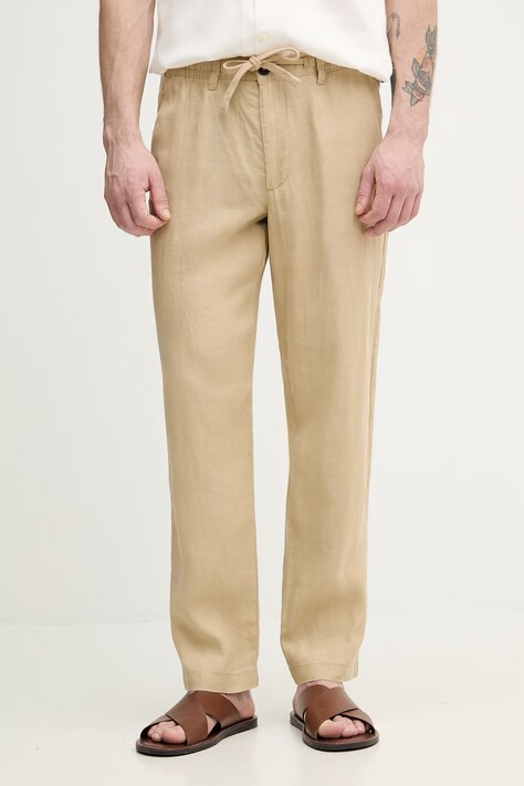 United Colors of Benetton kalhoty pánské lněné béžové regular waist 4AGHUF00M