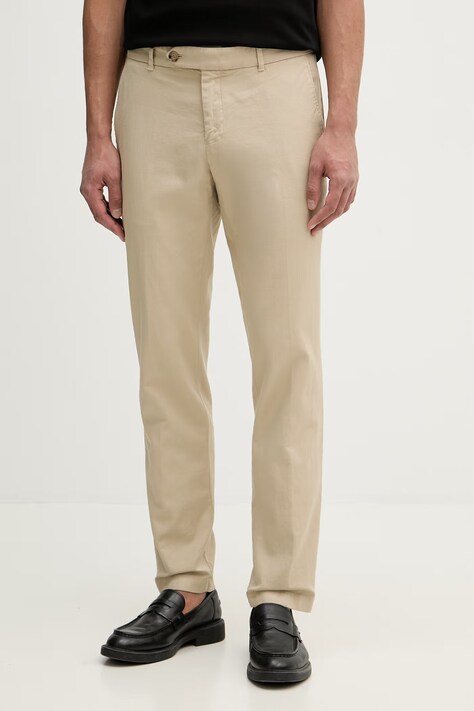 BOSS spodnie męskie z lnem Genius beżowe regular waist 50561585