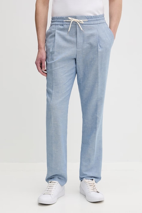 HUGO nohavice slim fit pánske s prímesou ľanu Getlin251F3 modré regular waist 50559695