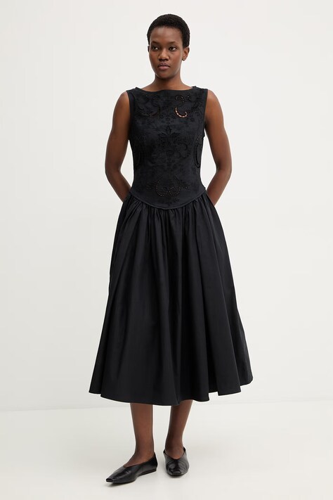 Stine Goya sukienka bawełniana kolor czarny midi rozkloszowana SG-SS26-D227-2484