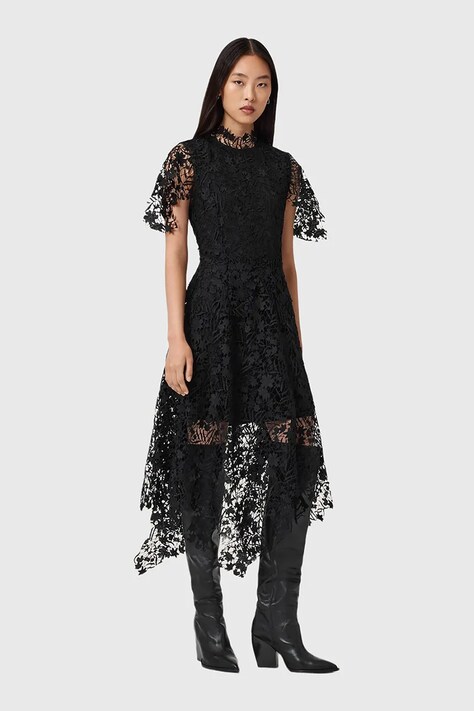 AllSaints sukienka kolor czarny midi rozkloszowana W167DD