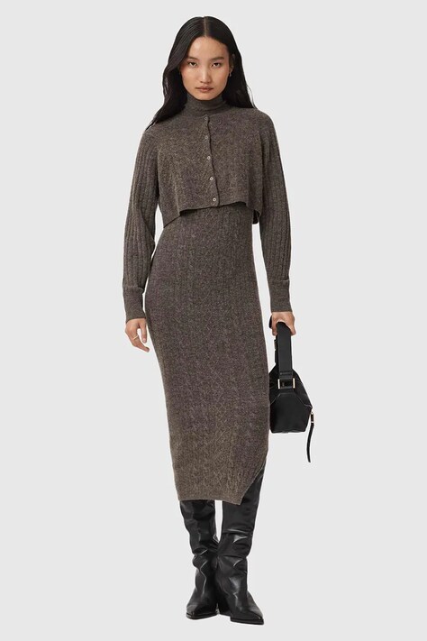 Сукня і кардиган з додаванням вовни AllSaints колір бежевий midi облягаюча W208DD