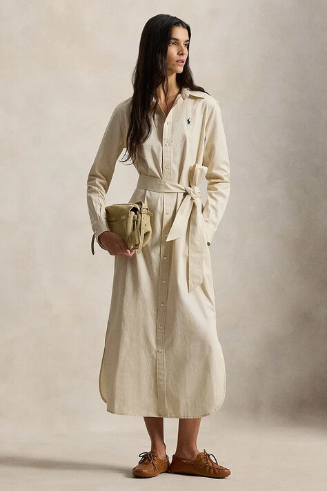 Polo Ralph Lauren sukienka bawełniana kolor beżowy midi rozkloszowana 211A96362