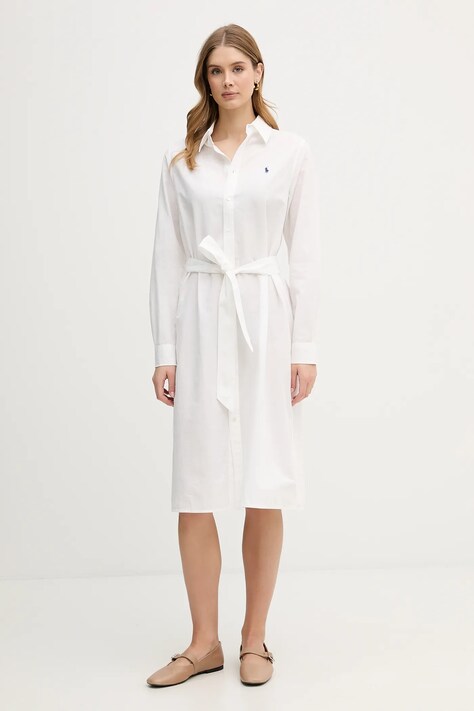 Polo Ralph Lauren sukienka z dodatkiem lnu kolor beżowy midi prosta 211B18781