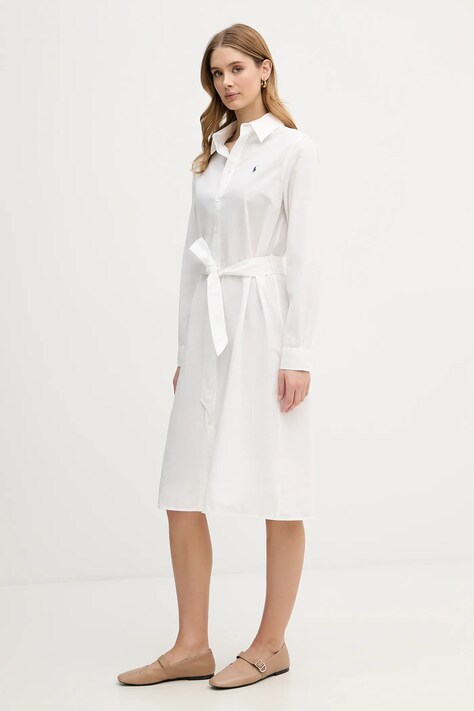 Polo Ralph Lauren sukienka z dodatkiem lnu kolor beżowy midi prosta 211B18781